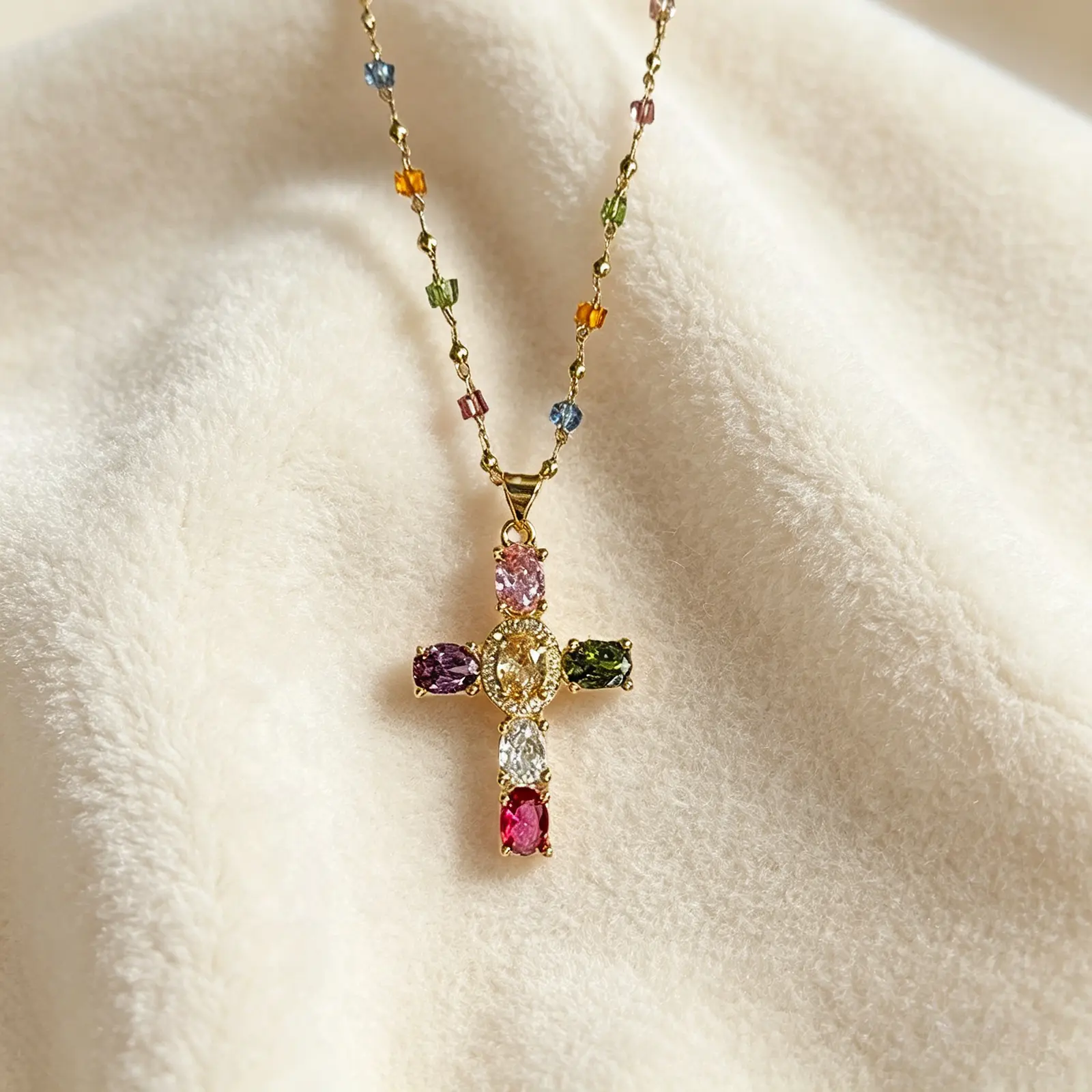 14K Gold-Plated Spacer Beads Multicolor Cubic Zirconia Cross Necklace - Colorful Cross Necklace, Women's Chain Jewelry, Everyday Casual Fashion Accessory Gift