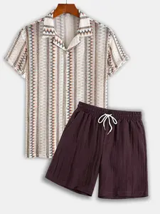 Men's Stretch Knit Jacquard Short Sleeve Shirt & Linen Blend Shorts Set, 2 Piece Breathable Casual Striped Casual Set Summer for Beach Daily Vacation