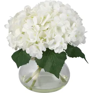 Artificial Hydrangea Flowers with Glass Vase & Fake Water - Faux Hydrangea for Home Table, Wedding Party, Office Decor | Realistic Fake Hydrangeas, Silk Flowers for Vase Arrangement(Hydrangea, white)