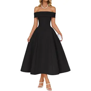 Cocktail Dresses for Women's Elegant Off Shoulder Short Sleeve Swing A Line Wedding Evening Party Midi Dress
