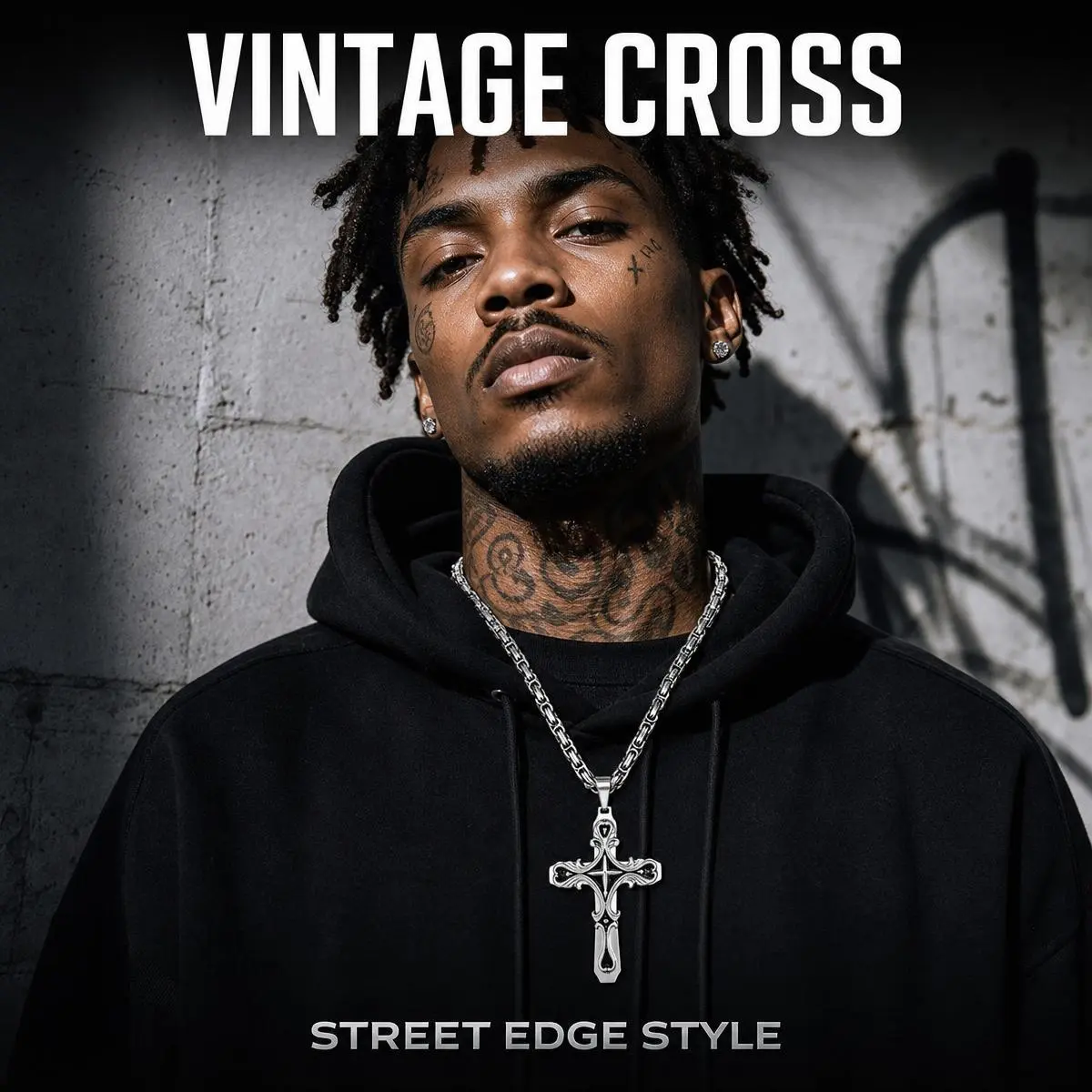 Vintage Hollow Carved Floral Cross Pendant Necklace for Men, 55cm Polished Titanium Steel Byzantine Link Chain, Two-Tone Black Silver Religious Faith Hip Hop Streetwear Waterproof Hypoallergenic Jewelry Gift for Him