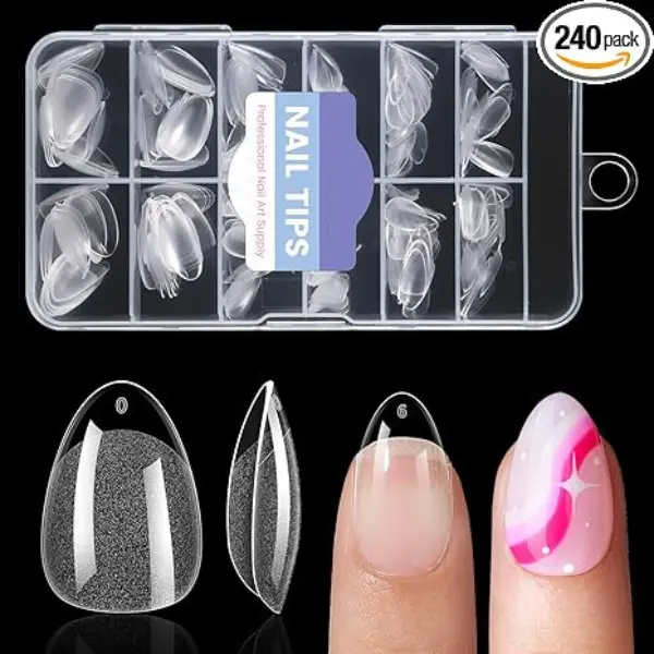 240PCS Extra Short Almond Nail Tips Soft Gel Full Cover Clear Fake Nails for Nail Extension 12 Sizes Pre-Shaped Clear Press On Nail Tips for DIY Manicure Acrylic Gel Nail Salon Home Use