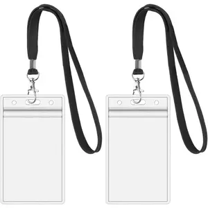 2Pack ID Badge Holder with Lanyards- Heavy Duty Clear ID Card Holder for Lanyard - Black Lanyards with Vertical ID Badge Holder for Offices, Staff, Students, Employees