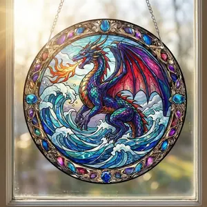 Dragon Suncatcher, Fire Breathing Dragon Window Hanging, Stained Glass Dragon Panel, Mythical Creature Decor.
