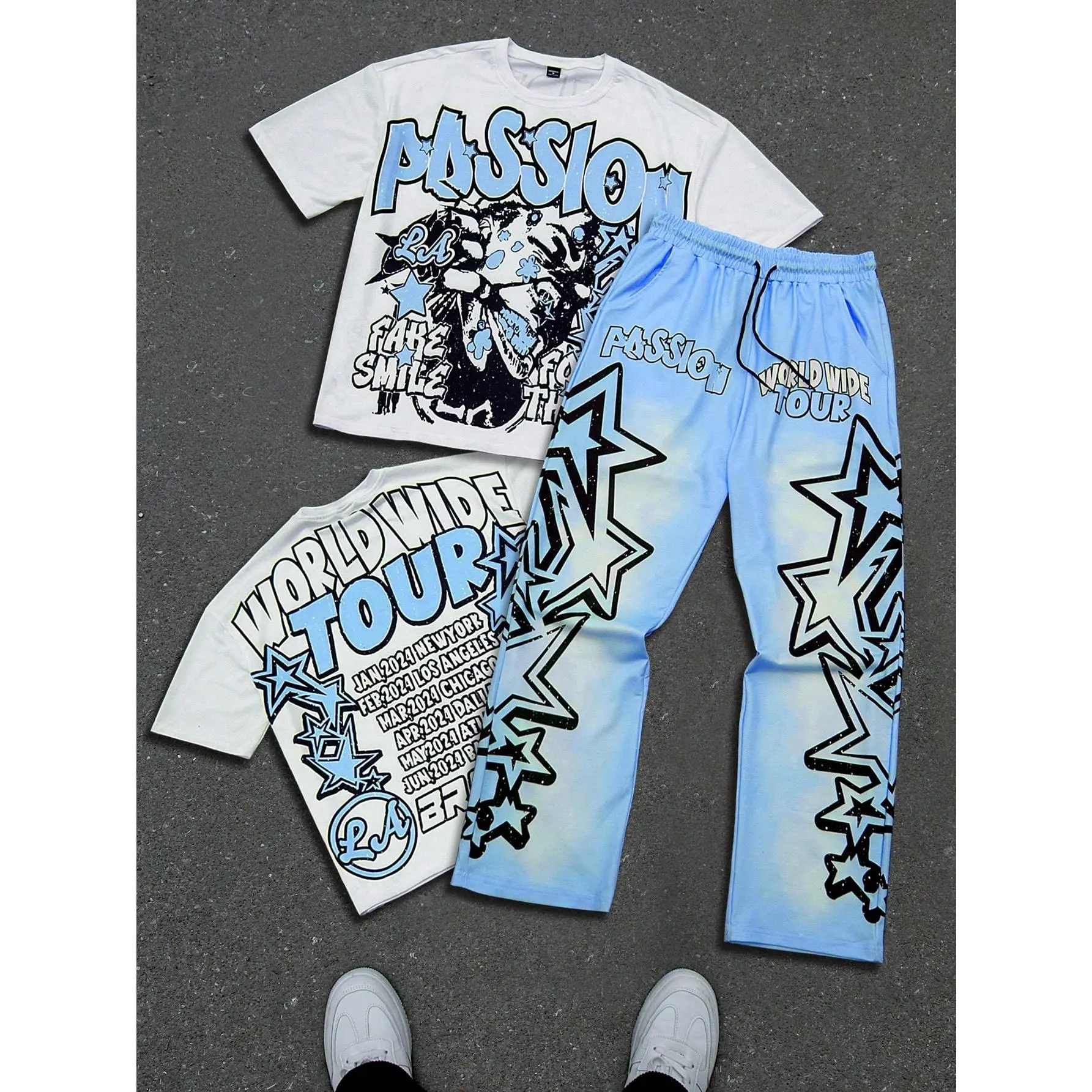 Men's Casual 2-Piece Menswear Set - Loose Fit Graphic Short Sleeve Tee and All Over Print Drawstring Pants with Pocket, Short Sleeves, Two-Pieces
