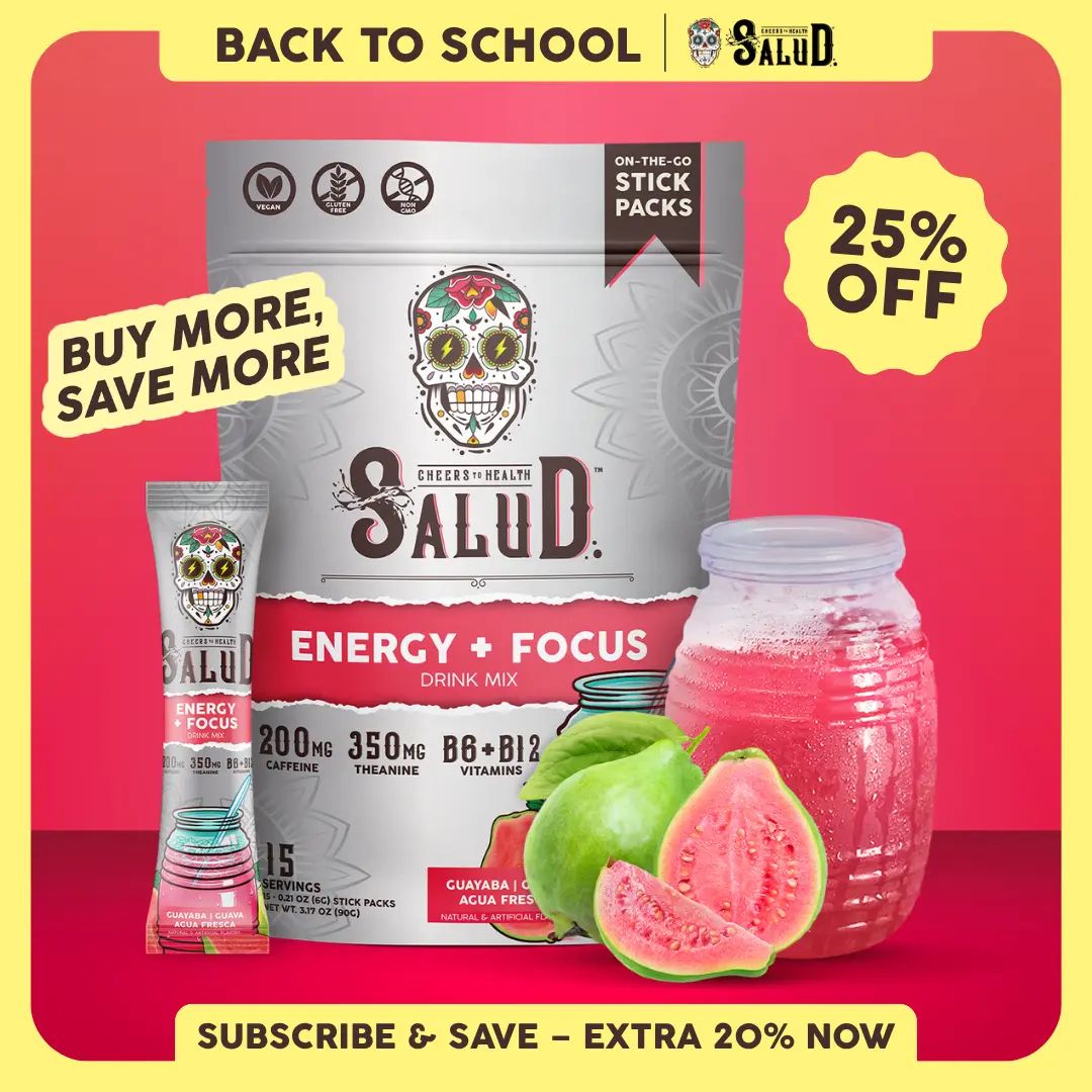 Salud 2-in-1 [Energy + Focus - Guava] Clean Energy Drink Mix, Agua Fresca, Organic Caffeine, B6 & B12, L-Theanine, Drink Packets, Non-GMO, Gluten Free, Vegan, Low Calorie, 1g Sugar (15 Servings)