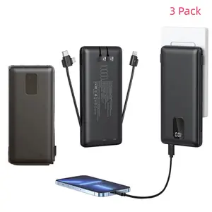 3 Pack 10000mAh Slim Power Bank, Built-in Cables Portable Charger with AC Wall Plug,  No Extra Adapter Needed