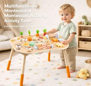 Multifunctional Montessori Play Table, 6-in-1 Wooden Activity Center with Shape Sorter, Gear Game, Pull Radish & Maze Puzzle, Early Educational Sensory Learning Toy for Toddlers Boys Girls Age 1 2 3