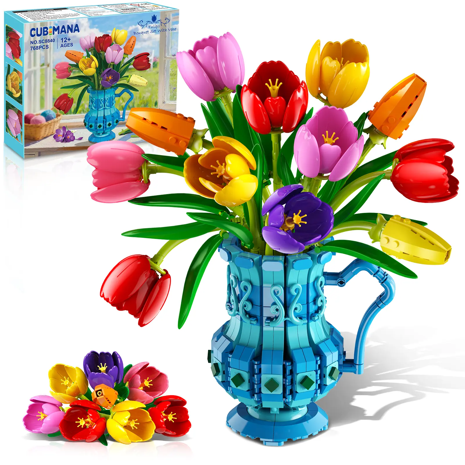 CUBIMANA Tulip Building Set with Vase, 768PCS Artificial Botanicals Blocks Toy, Home Decor Craft Kit, Valentine Birthday Gift for Adults 12+