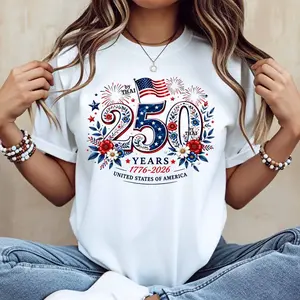 250 Years United States Of America Independence Day Fireworks And Flowers Print T Shirt White Casual Loose Fit For Everyday Wear And Outdoor Activities