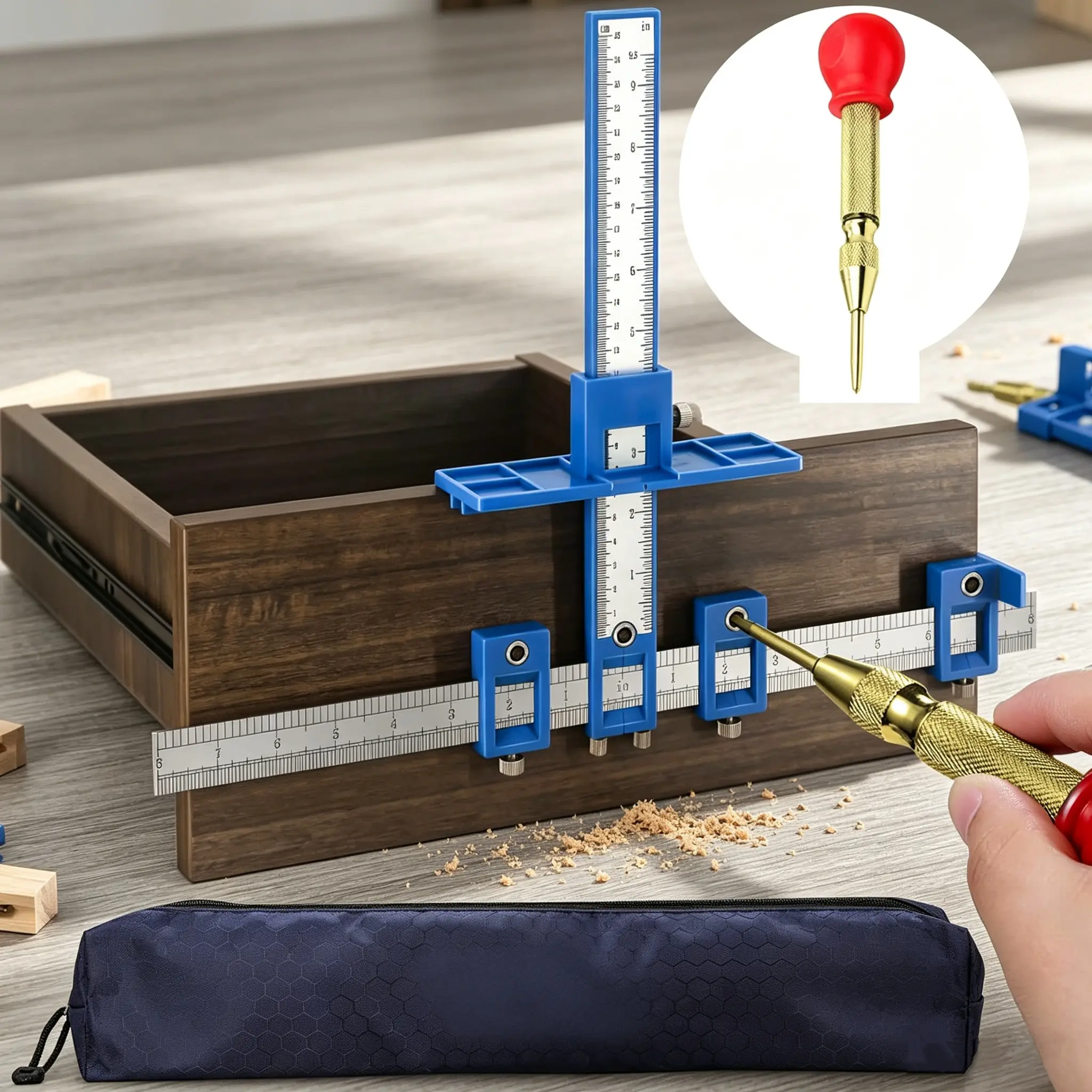 Cabinet Hardware Jig & Automatic Center Punch Set. | Avoid Jitter Caused by Direct Drilling. Cabinet Handle Jig, Use for Handles and Pulls on Drawers and Doors