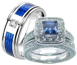 His Hers Blue & Clear Cz Wedding Engagement Ring Set 925 Sterling Silver