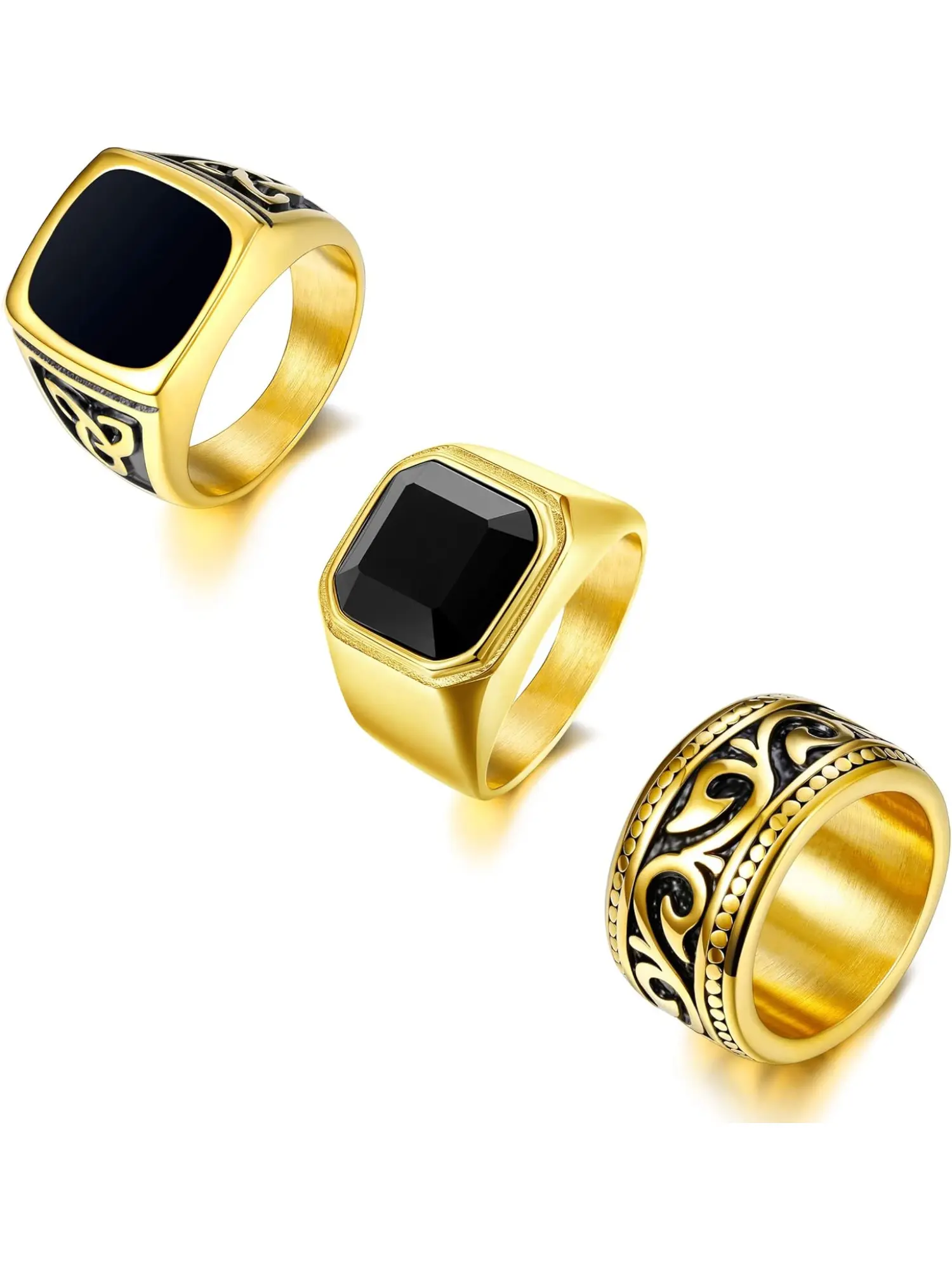 3Pcs Stainless Steel Rings for Men Vintage Biker Band Rings Set Wide Signet Ring Silver/Gold Size 7-15 (Gold, 14)