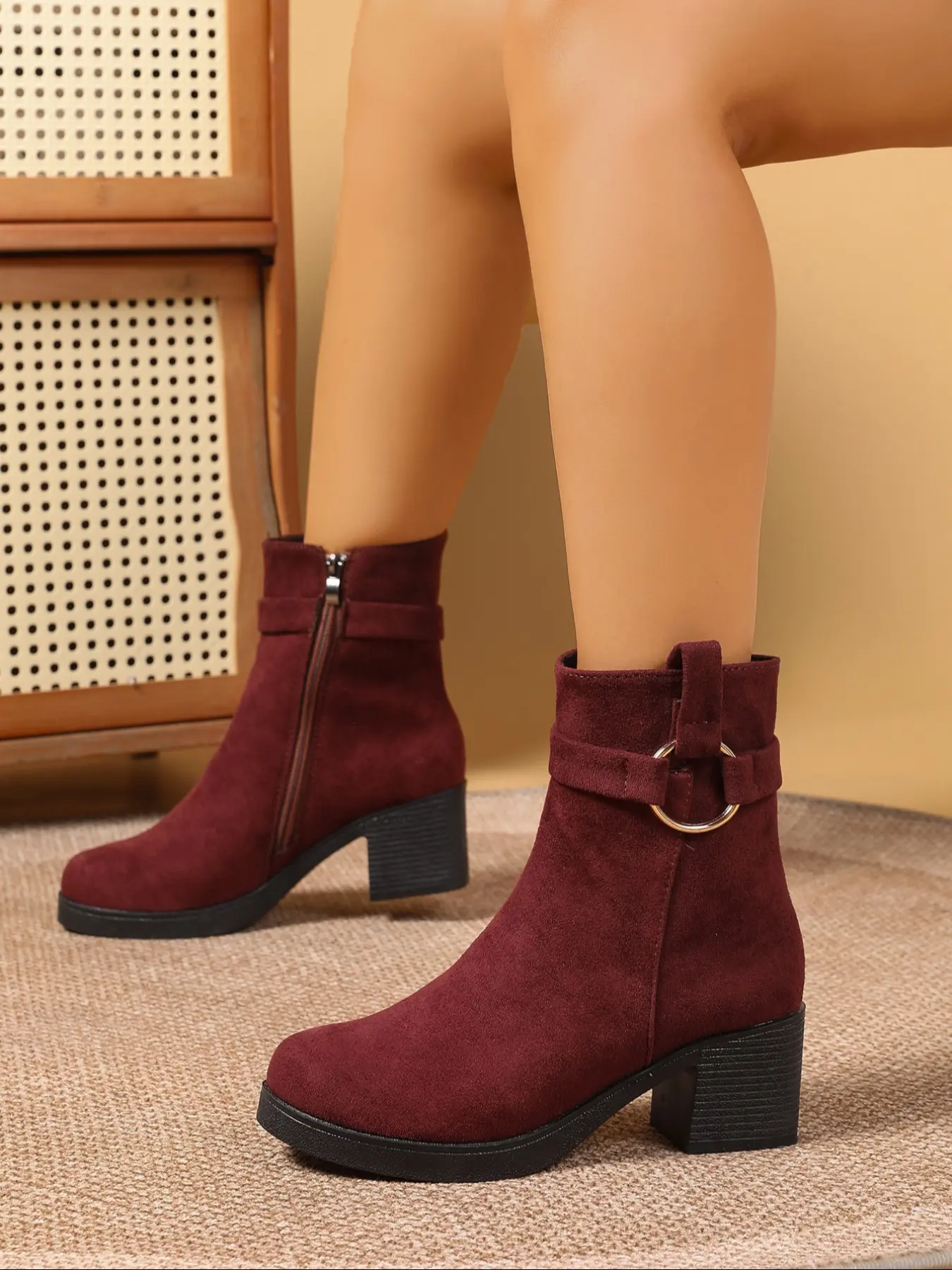Women’s Black Suede Chunky Heel Ankle Boots with Buckle & Side Zip – Stylish Fall Winter Block-Heel Booties, Comfortable Everyday Versatile Short Boots, TikTok Trending