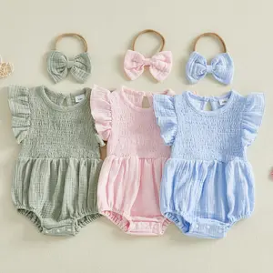 Newborn Baby Girl Romper Ruffle Sleeve Solid Smocked Bubble Romper Jumpsuit Bow Headband Cute Infant Summer Clothes