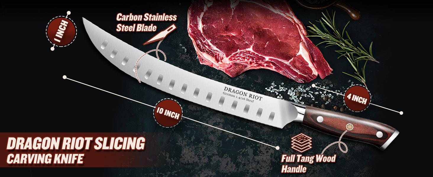 DRAGON RIOT 10 inch Premium Brisket Carving Knife with Ergonomic Handle Design, Granton Edge, Hand Forged Slicing Knife for Meat and BBQ Cuting Gift for Men