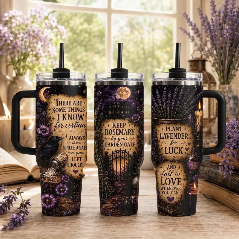 Practical Magic 2 Inspired 40oz Tumbler with Handle & Straw, Mystical Witchy Floral Travel Cup, Moon Black Cat Magic Tumbler, Gothic Gift for Her