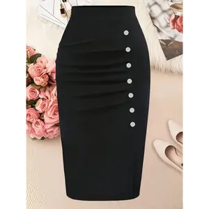 Elegant Plus Size Black Pencil Skirt with Chic Button Details - High-Waisted, Ruched Design, 100% Polyester, Machine Washable Timeless Style for All Seasons Bottom Palda Fabric Womenswear