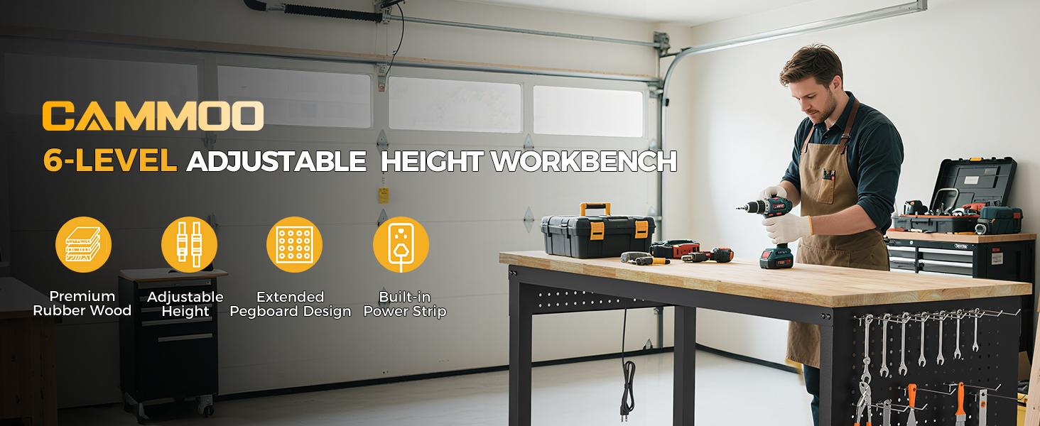 CAMMOO 47.64" Adjustable Heavy Duty Workbench, 2000 LBS Load Capacity Rubber Wood Work Table with Pegboard, Power Outlets, Work Bench for Garage, Workshop, Office, Home, Commercial