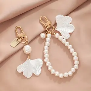 Korean Style Ginkgo Leaf Keychain Pendant - Beaded Charms, Flower Child, Gold Elegant, Sparkly Gold Keychains for Bag, Wallet, Phone Decoration - Botanical Fashion Accessory, Ideal Gift for Friends, Beaded Charms Keychains