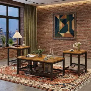 Rust Brown 3 Pieces Coffee Table Set, Industrial Style Rectangular Center Table With Metal Frame, Multilayer Storage Side End Tables, Stable Adjustable Leg Household Furniture For Living Room Apartment Office