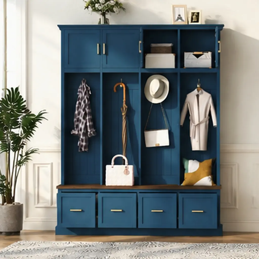 Farmhouse Entryway Hall Tree with Coat Hooks, Cabinets, and Drawers, Navy Blue Particle Board MDF Storage Organizer for Mudroom, Hallway, Bedroom, 15.74 W x 59.05 D x 78.54 H Inches, Freestanding Coat Rack Bench with Shoe Storage