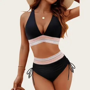 Women High Waisted Bikini Sets Swimsuits Color Block Two Piece Drawstring Bathing Suit,Swimwear Stylish Bathing Suit Beachwear