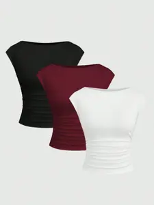 3pcs Girls' Solid Color Square Neck Short Sleeve T-Shirts - Stretchy Knit Top with Ribbed Hem & Short Sleeves, Casual Round Neck Summer Tee for Casual Attire, Seasonal Clothing, Classic Design, Comfortable Fit, Perfect For Outdoor