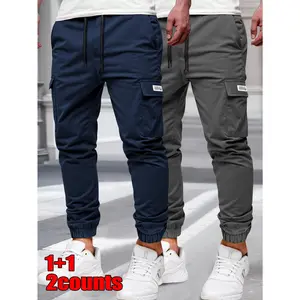 Men's 2pcs Cargo Pants - Lightweight Heavy-Look, Multi-Cargo Pockets & Belt, Breathable Navy/Grey/Black (2-Tone) for Spring/Fall/Summer Outdoor/Casual
