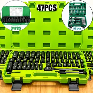 34pcs Impact Socket Set with 1/2" Driveor 53pcs Tool Set Or 47pcs Impact Socket Set with 3/8" Drive, SAE (5/16" to 3/4") And Metric (8 to 22mm) Sizes, 6-point Design, Including Ratchet Handle, Extension Rod And Connector, Cr-V