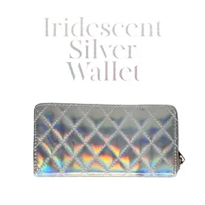 Iridescent Shiny Silver Flat Wallet Coin Holder/Purse Card Holder Plain PU Leather Vegan Quilted