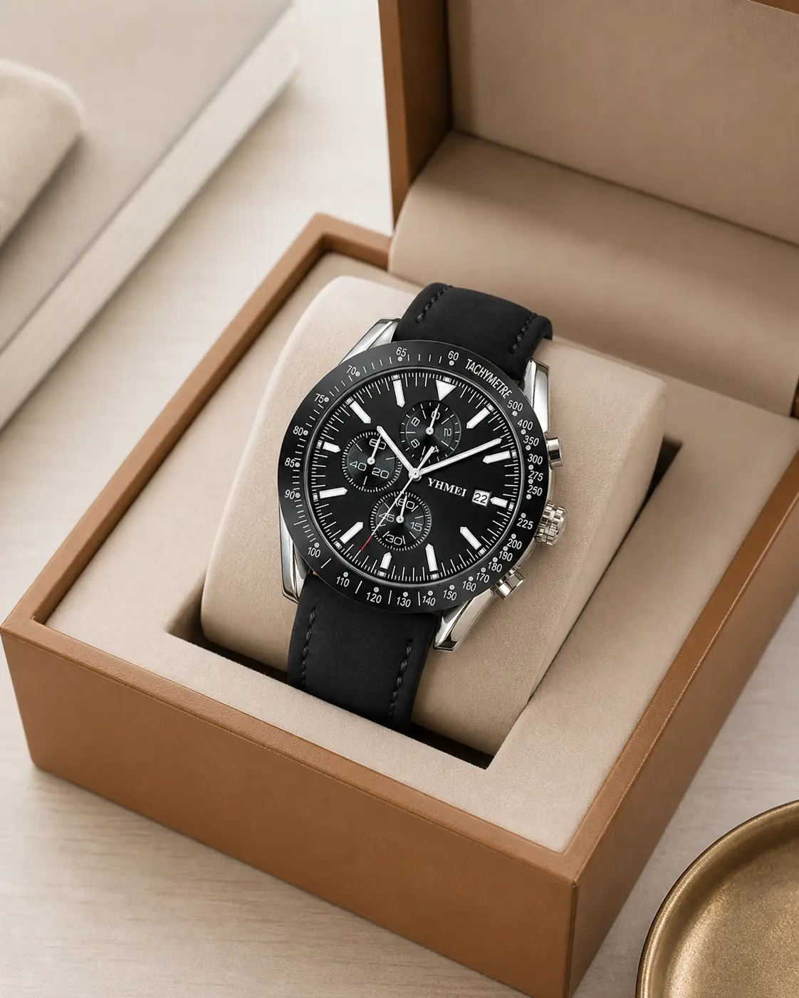 Classic Round Quartz Chronograph Wristwatch with Durable Stainless Steel Strap for Men - Sophisticated Business Analog Timepiece Featuring Tachymeter Bezel and Water-Resistant Performance for Professional and Daily Casual Wear
