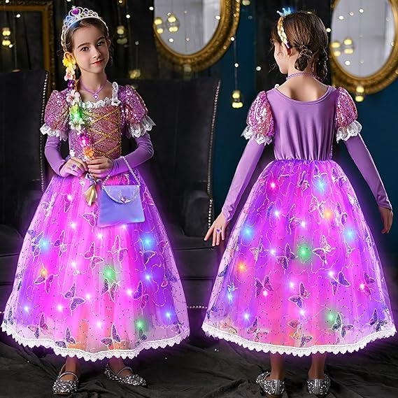 Valentines Day Gift 10pcs Rapunzel Dress-Up Set for Girls - Light-Up Princess Costume with LED Wig, Wand, Crown & Halloween Gifts for Toddlers