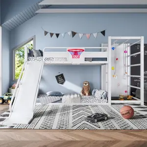 Bellemave  Metal loft/bunk bed with basketball hoop, pull tab, climbing wall, and built-in bookshelf. Amusement design featuring slides