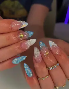 Handmade Blue Ocean Ombre Nails, 3D Shell Beach Art, Mermaid Summer Press-Ons