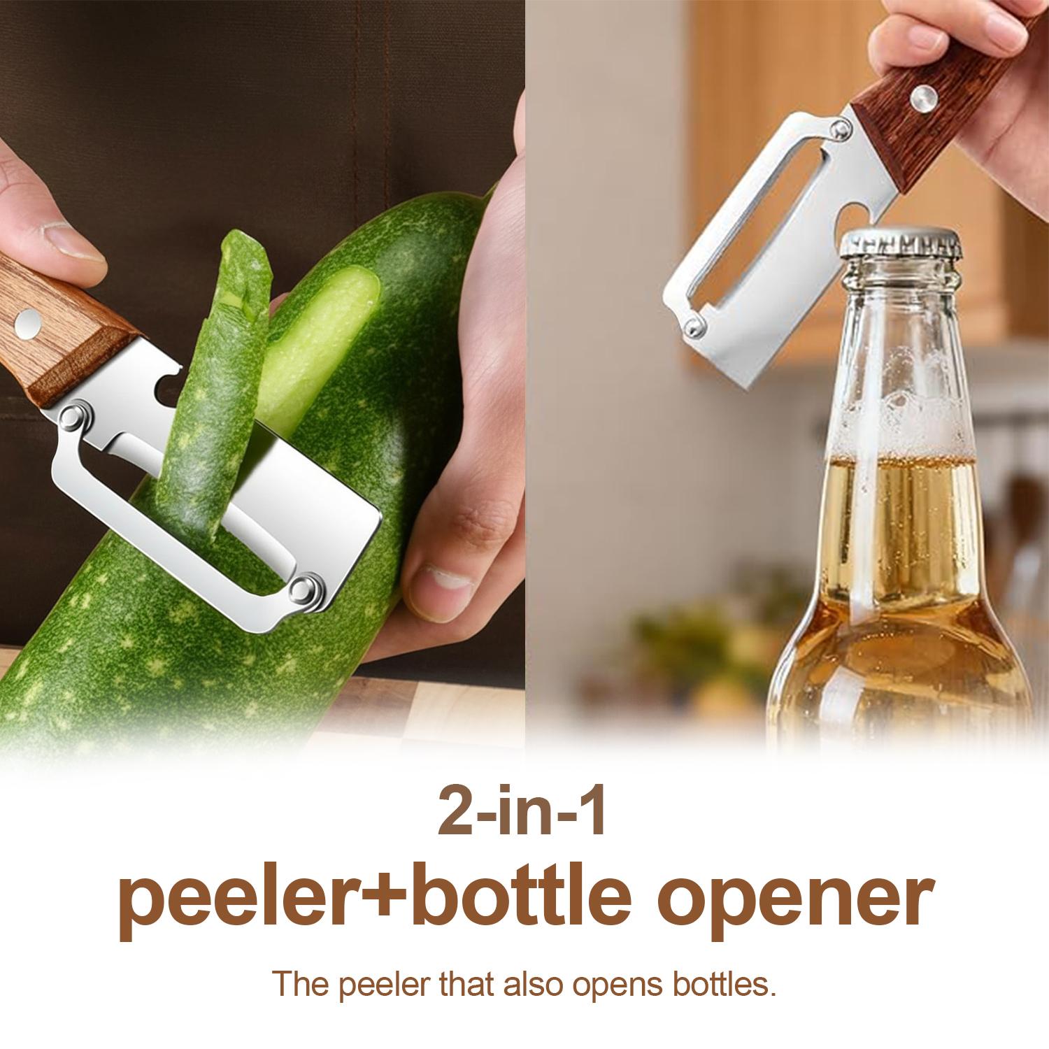 Multi Functional Premium Vegetable Peeler,Sharp Stainless Steel Blade, Ergonomic Wooden Handle + Built-in Bottle Opener,Practical Kitchen Tool for Vegetable Apple Potato Sugar Cane