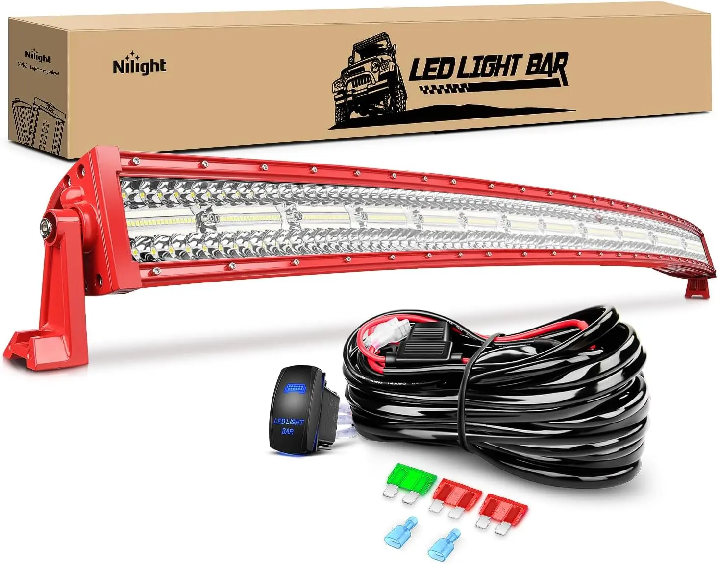 Nilight 50In Triple Row LED Light Bar Car - Spot-Flood Combo, Red Shell, Off-Road Work Light with Wiring Harness for Trucks, SUVs, Off Road Lights, Led Lights Spotbars