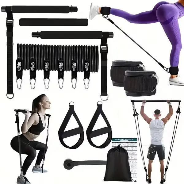 14-Piece Home Pilates Equipment, Multi-Functional Bar Kit with 6 Resistance Bands & Fitness Stepper, 180 lbs Capacity for Adult Fitness, Stretching & Home Workouts