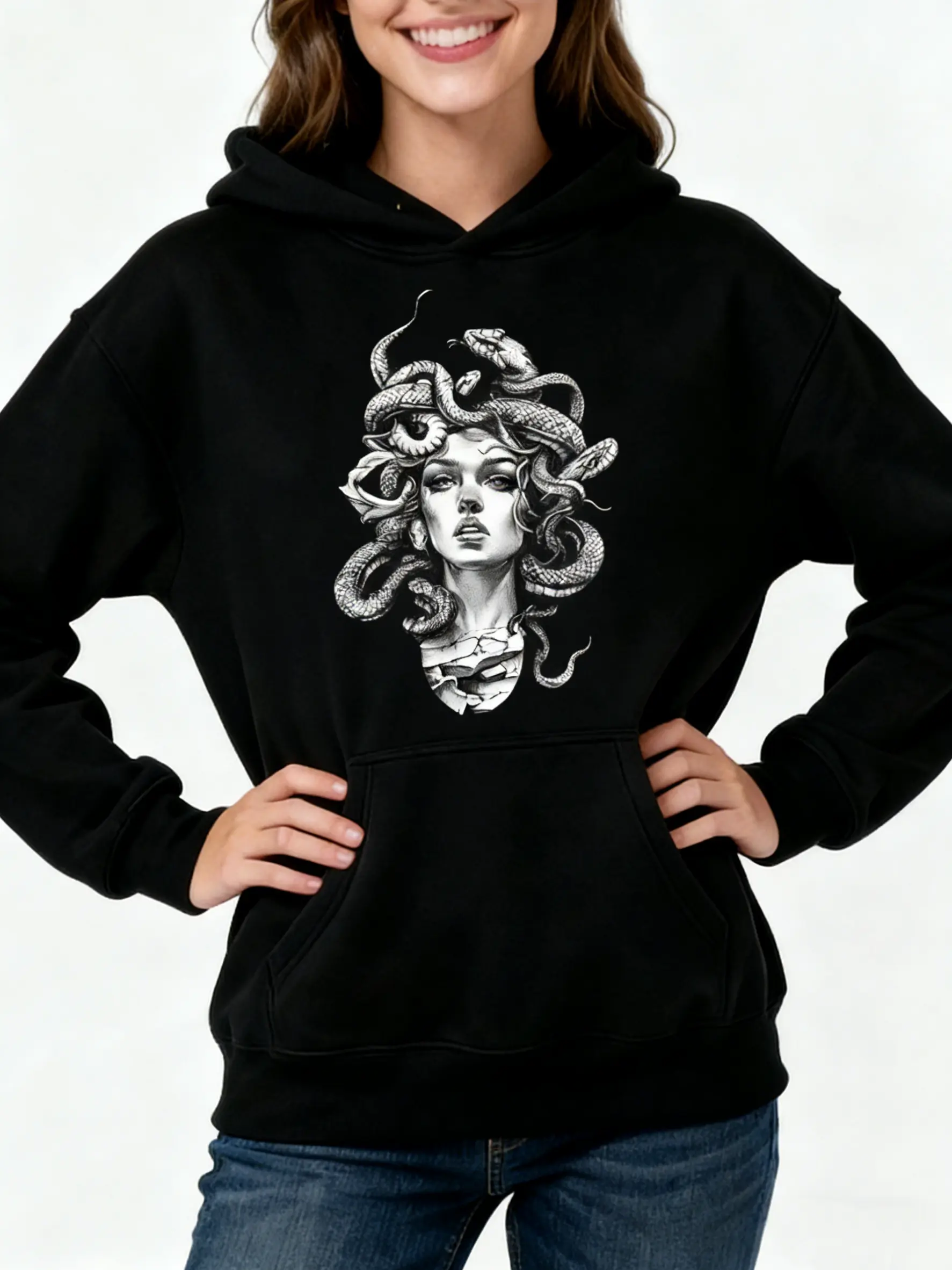 Women's Unisex Vintage Medusa Graphic Pullover Hoodie - Round Crew Neck, Long Sleeve, Relaxed Fit, Slight Stretch Cotton Knit Fabric, Casual All-Season Top