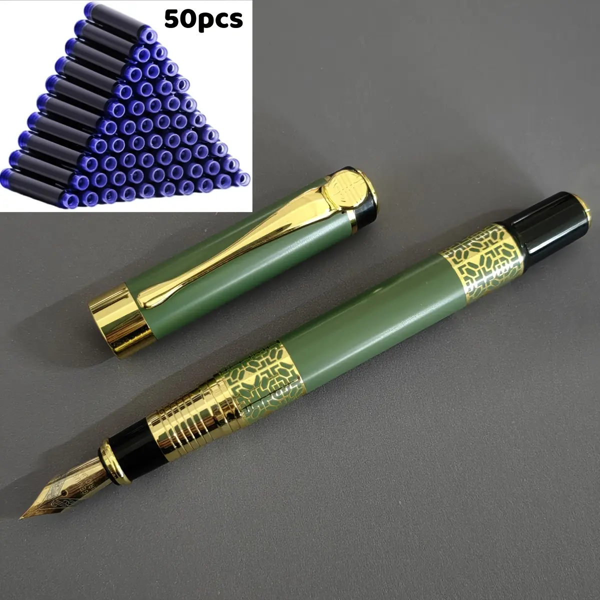 1 pc green ballpoint pen + 50 pcs blue ink cartrid