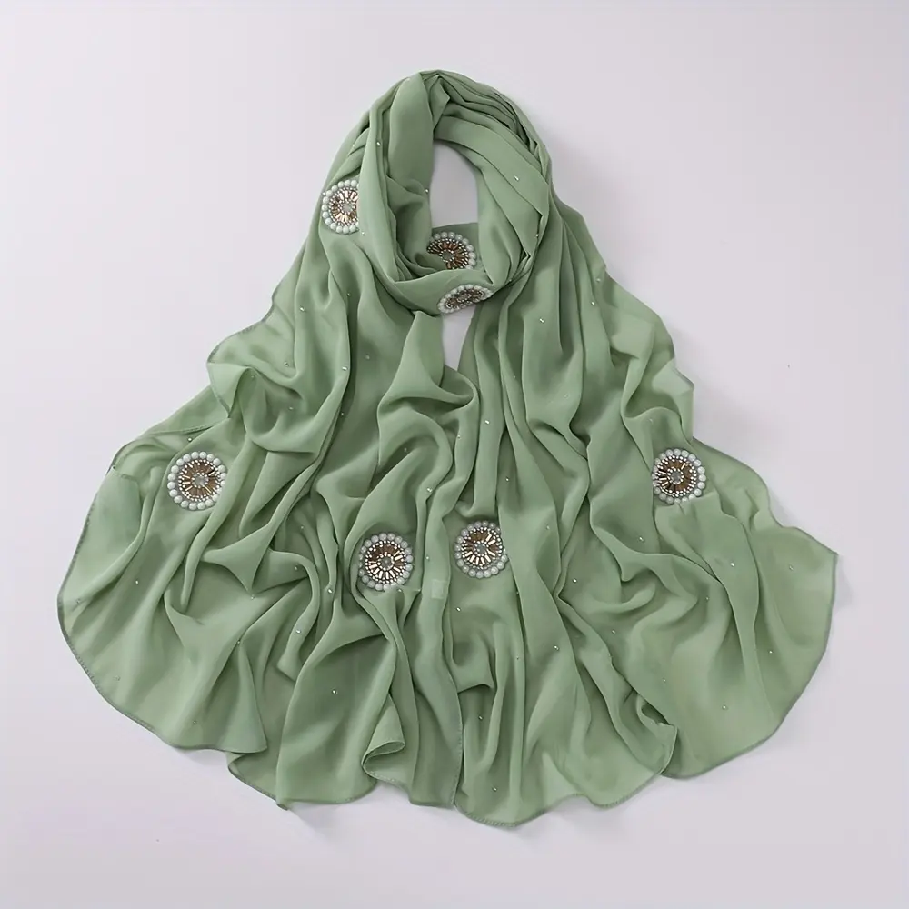 [Non-Stretch Polyester Hijab Scarf Glamorous] Glamorous Rhinestone Embellished Chiffon Hijab Scarf, Solid Color, Non-Stretch Polyester - Perfect for Ramadan