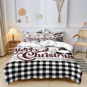 3Pcs Retro Merry Christmas Black White Grid Printed Duvet Cover Set - Soft Comfortable Breathable Bedding Set For Bedroom And Guest Room (1 Duvet Cover +2 Pillowcases, Without Core)
