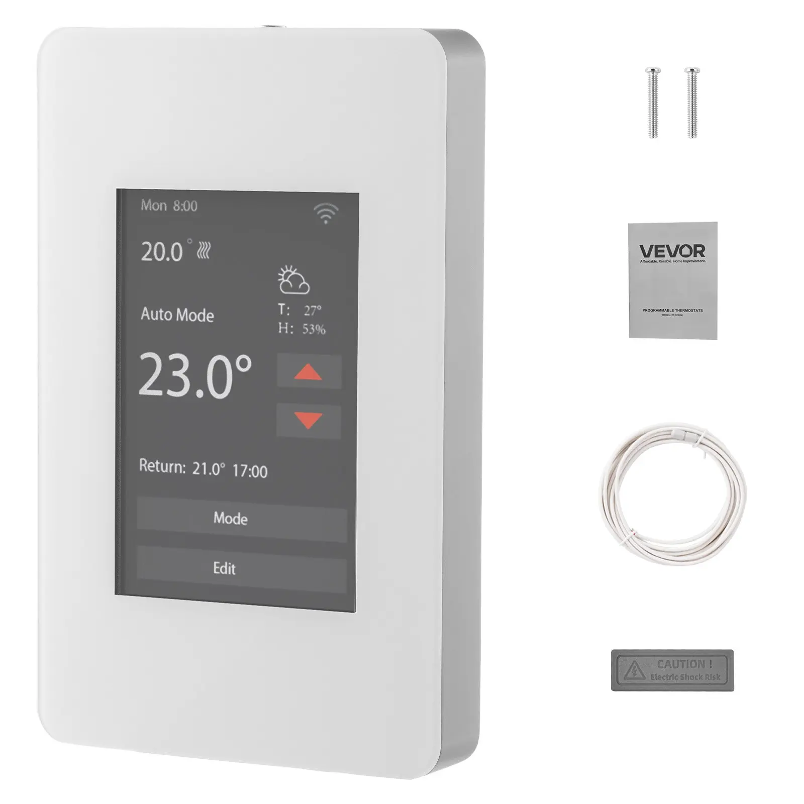 VEVOR Digital 7-Day Programmable Thermostat Controller, Home Heat Control for Radiant Underfloor Heating Cable & Heat Pump, GFCI Sensitive Sensor, TFT Color Touchscreen Display, Efficient Gray-White (No Wifi)