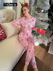 2-piece women's foundation makeup full-body gingerbread man teacup bow Christmas tree Santa Claus print Christmas long-sleeve pants soft and comfortable round-neck top elastic waistband adjustable drawstring suitable for all seasons, Soft Casual Pajamas