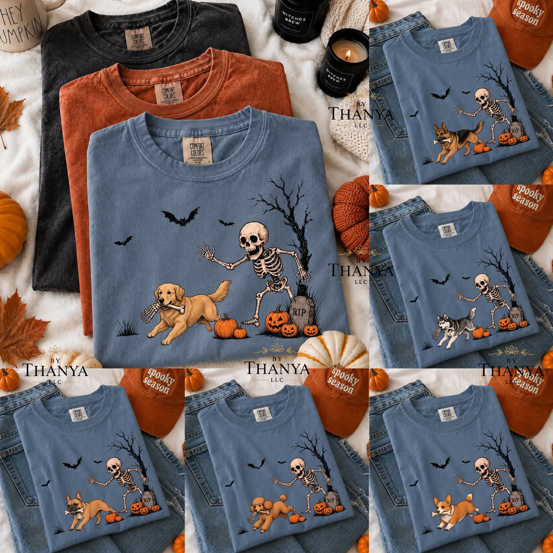 Comfort Colors Custom Dog Halloween T-Shirt Blue Jean Color, 50+ Dog Breeds Available, Skeleton Chasing Dog Graphic Tee, Funny Spooky Pumpkin Graveyard Shirt, Halloween Dog Lover Gift - By Thanya LLC