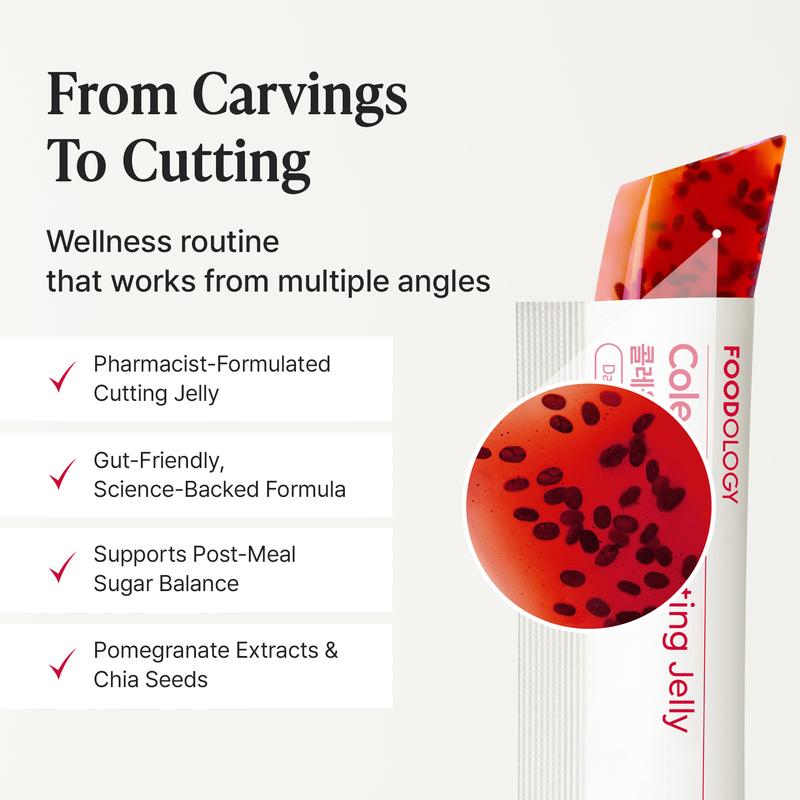 [FOODOLOGY] Coleology Cutting Jelly 30days - Garcinia Cambogia (HCA), Chia Seeds Collagen, Hyaluronic Acid, Pomegranate Flavored 8.81 oz /10 Sticks