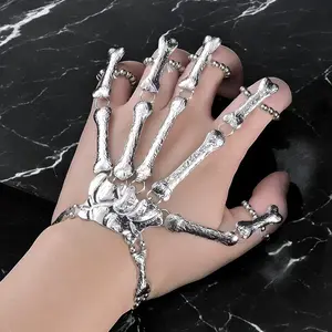 FaithFilledFinds Halloween Skull Bone Hand Bracelet with Removable Claw Rings Punk Gothic Armor-Inspired Accessory for Men Women Alt Fashion Halloween Cosplay Daily Wear