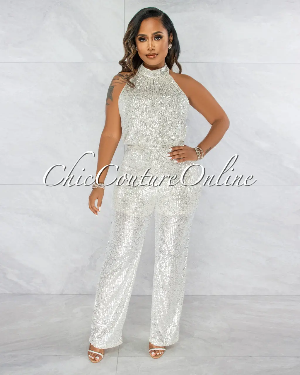 *Bengala Nude Silver Sequins Halter Jumpsuit