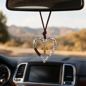 Heart-Shaped Horseshoe Rearview Mirror Ornament, Rustic Silver & Gold-Tone Hanging Car Decor, Western Style Auto Interior Accent