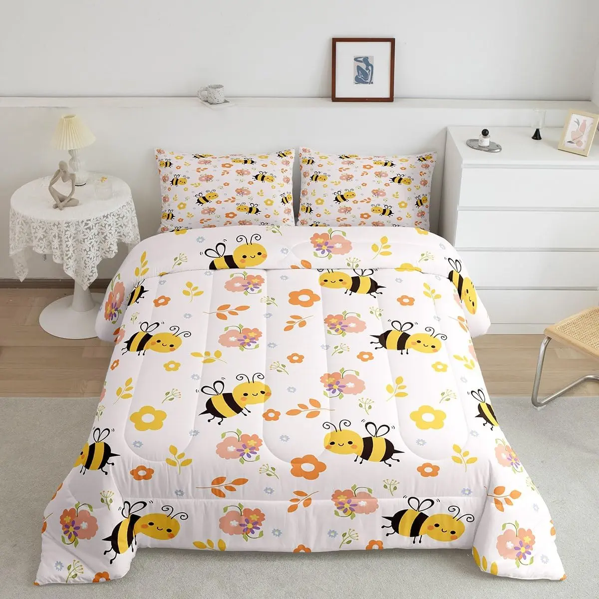 Feelyou Honeybee Pattern Luxury Comforter Set - Kawaii Bugs Theme Bedding, Cute Designer Down Comforter, Cartoon Wild Animal Floral Print Blanket, Farmhouse Quilt Set, Bed Sets, Duvet Set